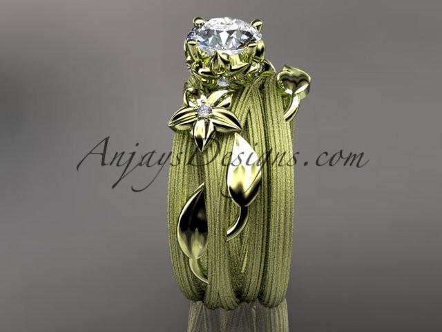 14kt yellow gold diamond floral, leaf and vine wedding ring, engagement set with a "Forever One" Moissanite center stone ADLR253S - AnjaysDesigns