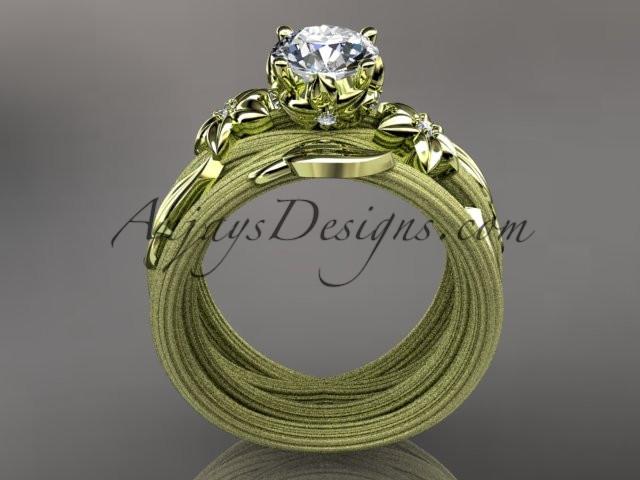 14kt yellow gold diamond floral, leaf and vine wedding ring, engagement set with a "Forever One" Moissanite center stone ADLR253S - AnjaysDesigns