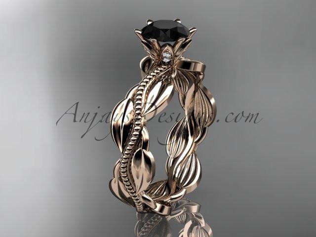 Unique 14k rose gold leaf and vine engagement ring, wedding band with a Black Diamond center stone ADLR258 - AnjaysDesigns