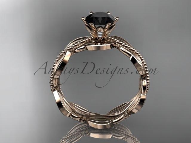 Unique 14k rose gold leaf and vine engagement ring, wedding band with a Black Diamond center stone ADLR258 - AnjaysDesigns
