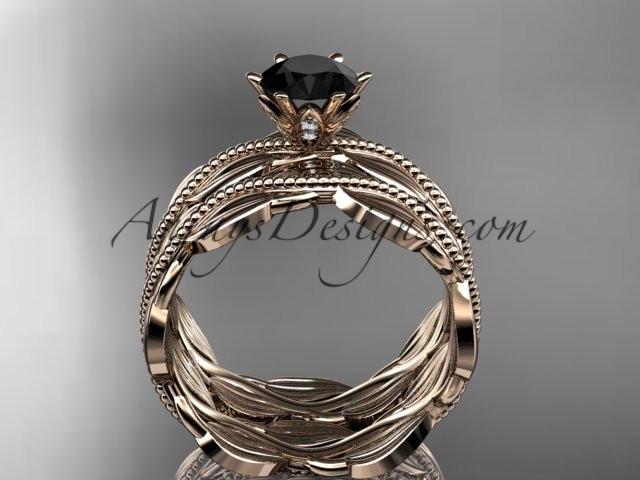 14k rose gold leaf and vine engagement ring, wedding set with a Black Diamond center stone ADLR258S - AnjaysDesigns