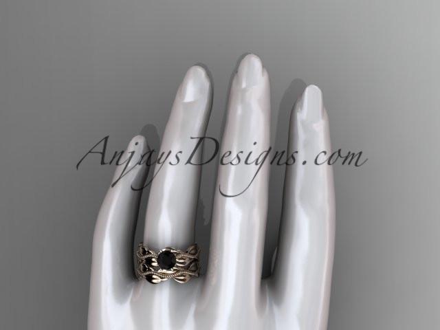 14k rose gold leaf and vine engagement ring, wedding set with a Black Diamond center stone ADLR258S - AnjaysDesigns