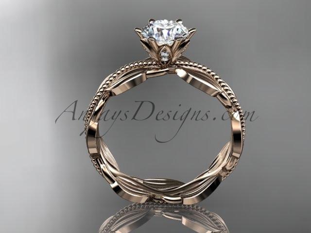 Unique 14k rose gold leaf and vine engagement ring, wedding band with a "Forever One" Moissanite center stone ADLR258 - AnjaysDesigns