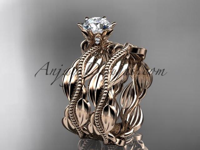 14k rose gold leaf and vine engagement ring, wedding set ADLR258S - AnjaysDesigns