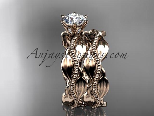 14k rose gold leaf and vine engagement ring, wedding set with a "Forever One" Moissanite center stone ADLR258S - AnjaysDesigns