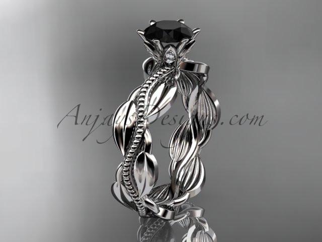 Unique platinum leaf and vine engagement ring, wedding band with a Black Diamond center stone ADLR258 - AnjaysDesigns