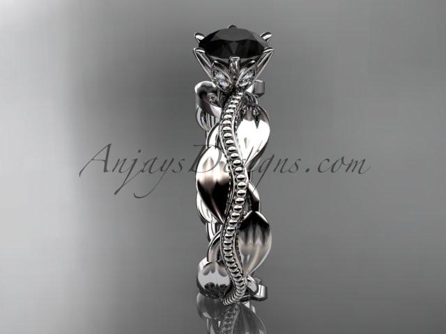 Unique platinum leaf and vine engagement ring, wedding band with a Black Diamond center stone ADLR258 - AnjaysDesigns