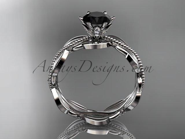Unique 14k white gold leaf and vine engagement ring, wedding band with a Black Diamond center stone ADLR258 - AnjaysDesigns