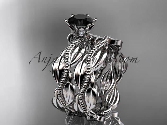 platinum leaf and vine engagement ring, wedding set with a Black Diamond center stone ADLR258S - AnjaysDesigns
