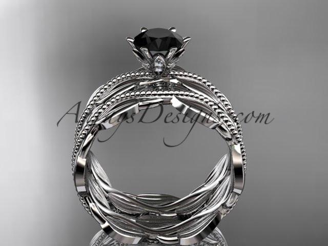 platinum leaf and vine engagement ring, wedding set with a Black Diamond center stone ADLR258S - AnjaysDesigns