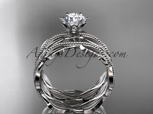platinum leaf and vine engagement ring, wedding set with a "Forever One" Moissanite center stone ADLR258S - AnjaysDesigns