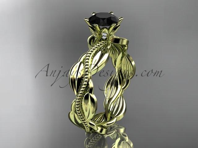 Unique 14k yellow gold leaf and vine engagement ring, wedding band with a Black Diamond center stone ADLR258 - AnjaysDesigns