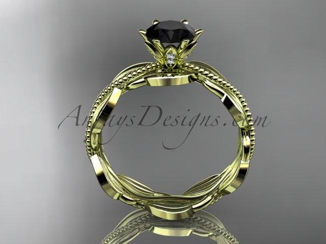 Unique 14k yellow gold leaf and vine engagement ring, wedding band with a Black Diamond center stone ADLR258 - AnjaysDesigns