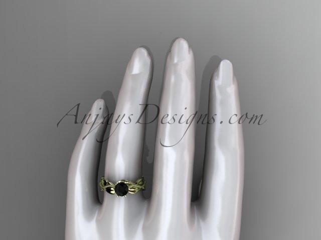 Unique 14k yellow gold leaf and vine engagement ring, wedding band with a Black Diamond center stone ADLR258 - AnjaysDesigns