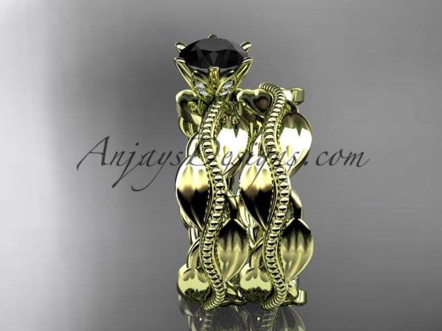 14k yellow gold leaf and vine engagement ring, wedding set with a Black Diamond center stone ADLR258S - AnjaysDesigns