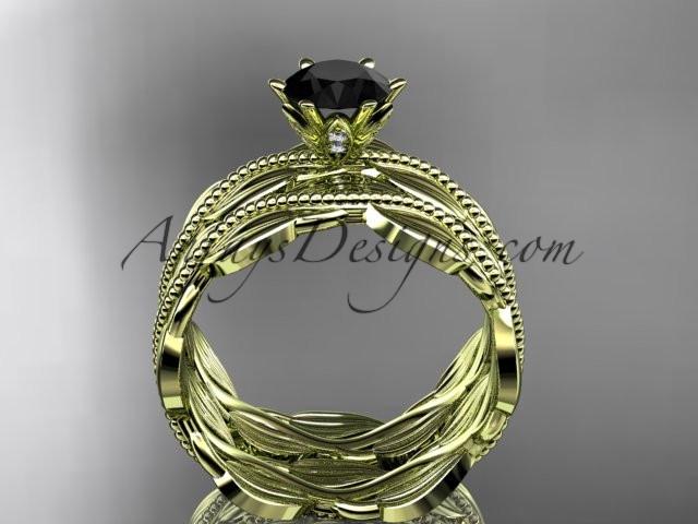14k yellow gold leaf and vine engagement ring, wedding set with a Black Diamond center stone ADLR258S - AnjaysDesigns