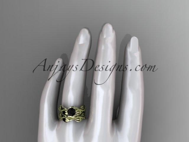 14k yellow gold leaf and vine engagement ring, wedding set with a Black Diamond center stone ADLR258S - AnjaysDesigns