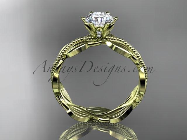 Unique 14k yellow gold leaf and vine engagement ring, wedding band with a "Forever One" Moissanite center stone ADLR258 - AnjaysDesigns
