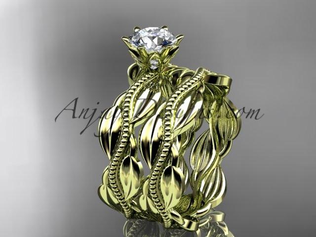14k yellow gold leaf and vine engagement ring, wedding set with a "Forever One" Moissanite center stone ADLR258S - AnjaysDesigns