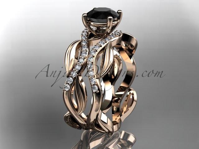 14kt rose gold diamond leaf and vine wedding set, engagement set with a Black Diamond center stone ADLR264 - AnjaysDesigns