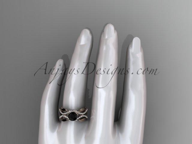 14kt rose gold diamond leaf and vine wedding set, engagement set with a Black Diamond center stone ADLR264 - AnjaysDesigns