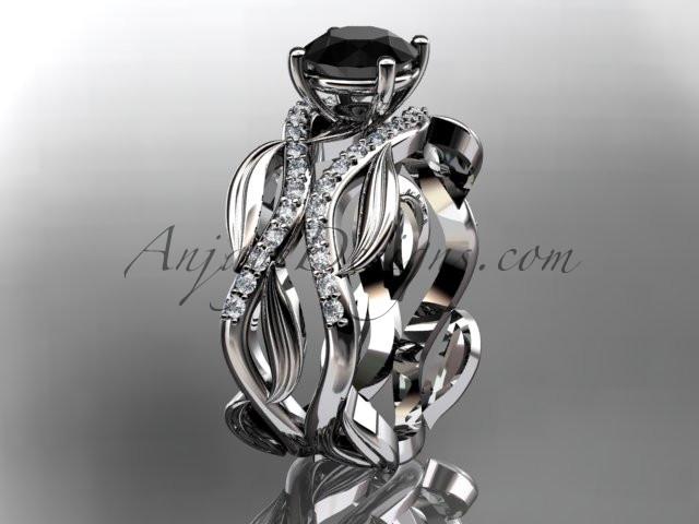 Platinum diamond leaf and vine wedding set, engagement set with a Black Diamond center stone ADLR264 - AnjaysDesigns