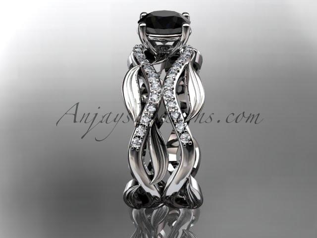 Platinum diamond leaf and vine wedding set, engagement set with a Black Diamond center stone ADLR264 - AnjaysDesigns