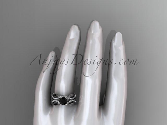 14kt white gold diamond leaf and vine wedding set, engagement set with a Black Diamond center stone ADLR264 - AnjaysDesigns