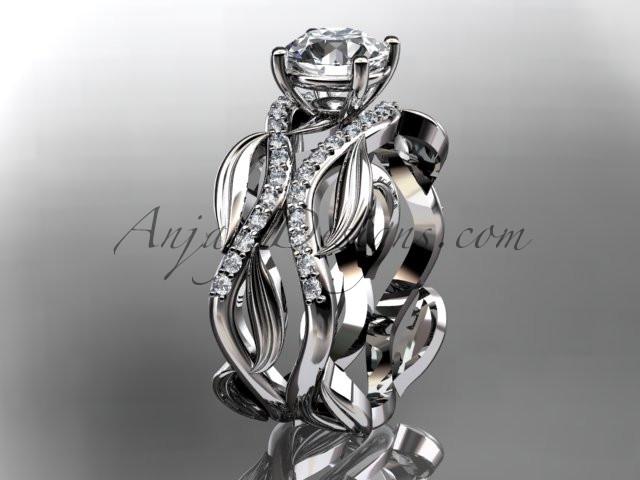 14kt white gold diamond leaf and vine wedding set, engagement set with a "Forever One" Moissanite center stone ADLR264S - AnjaysDesigns