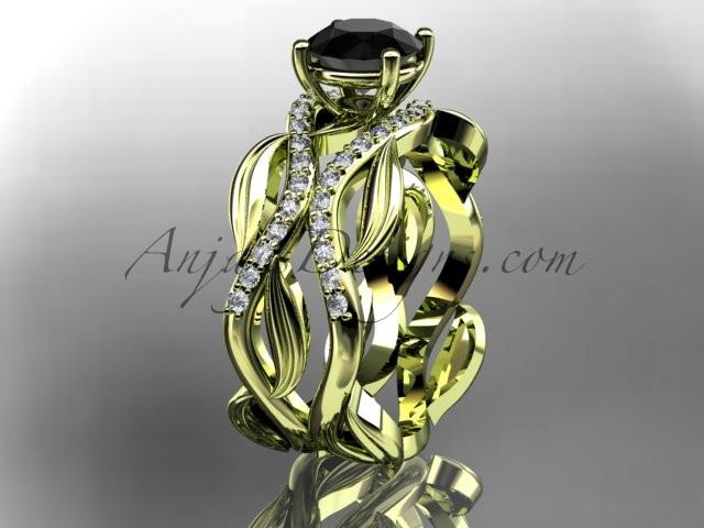 14kt yellow gold diamond leaf and vine wedding set, engagement set with a Black Diamond center stone ADLR264 - AnjaysDesigns