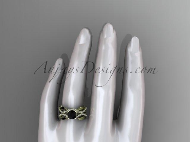 14kt yellow gold diamond leaf and vine wedding set, engagement set with a Black Diamond center stone ADLR264 - AnjaysDesigns