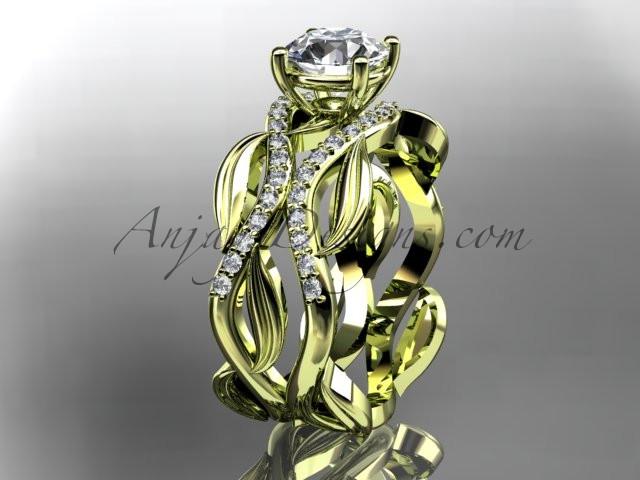 14kt yellow gold diamond leaf and vine wedding set, engagement set ADLR264 - AnjaysDesigns