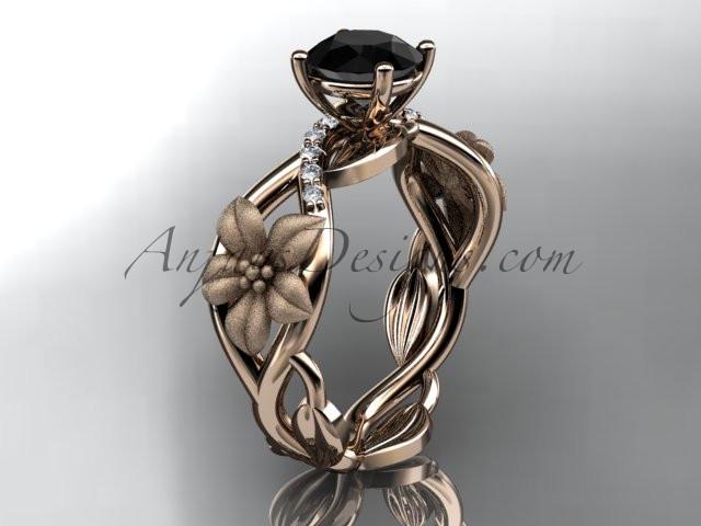 Unique 14kt rose gold diamond floral leaf and vine wedding ring, engagement ring with a Black Diamond center stone ADLR270 - AnjaysDesigns