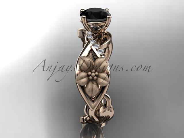 Unique 14kt rose gold diamond floral leaf and vine wedding ring, engagement ring with a Black Diamond center stone ADLR270 - AnjaysDesigns