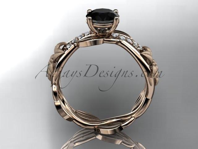 Unique 14kt rose gold diamond floral leaf and vine wedding ring, engagement ring with a Black Diamond center stone ADLR270 - AnjaysDesigns