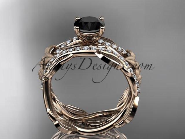 Unique 14kt rose gold floral diamond wedding ring, engagement set with a Black Diamond center stone ADLR270S - AnjaysDesigns