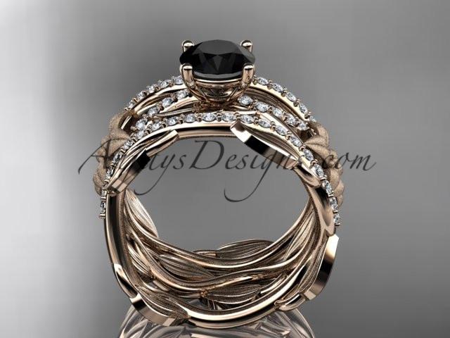 Unique 14kt rose gold floral diamond wedding ring, engagement ring with a Black Diamond center stone and double matching band ADLR270S - AnjaysDesigns