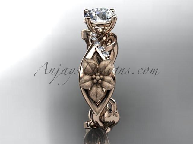 Unique 14kt rose gold diamond floral leaf and vine wedding ring, engagement ring with a "Forever One" Moissanite center stone ADLR270 - AnjaysDesigns