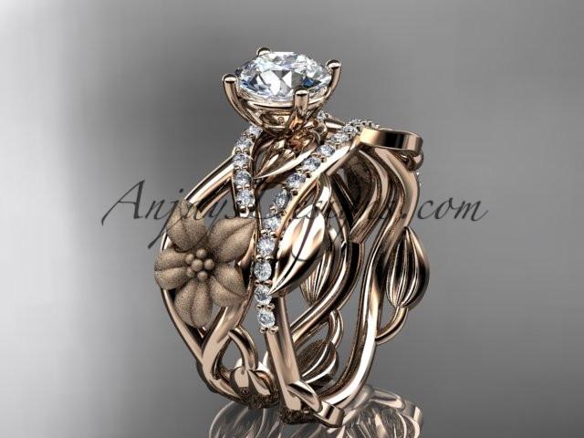 Unique 14kt rose gold floral diamond wedding ring, engagement set with a "Forever One" Moissanite center stone ADLR270S - AnjaysDesigns