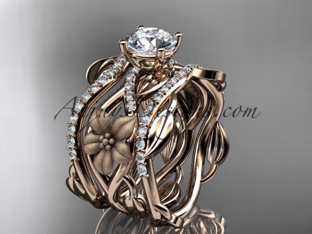 Unique 14kt rose gold floral diamond wedding ring, engagement ring and double matching band ADLR270S - AnjaysDesigns