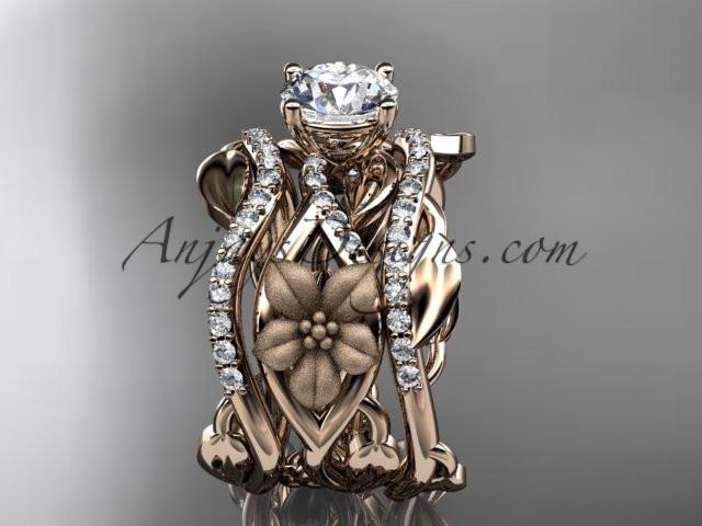 Unique 14kt rose gold floral diamond wedding ring, engagement ring with a "Forever One" Moissanite center stone and double matching band ADLR270S - AnjaysDesigns