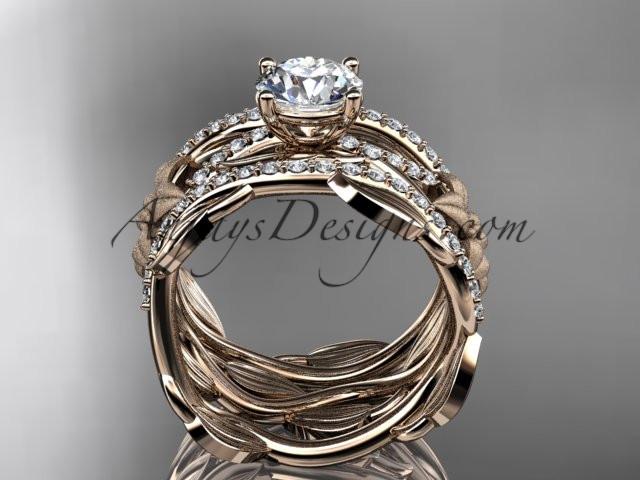 Unique 14kt rose gold floral diamond wedding ring, engagement ring and double matching band ADLR270S - AnjaysDesigns