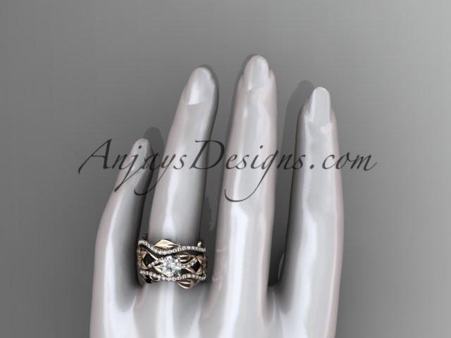 Unique 14kt rose gold floral diamond wedding ring, engagement ring and double matching band ADLR270S - AnjaysDesigns