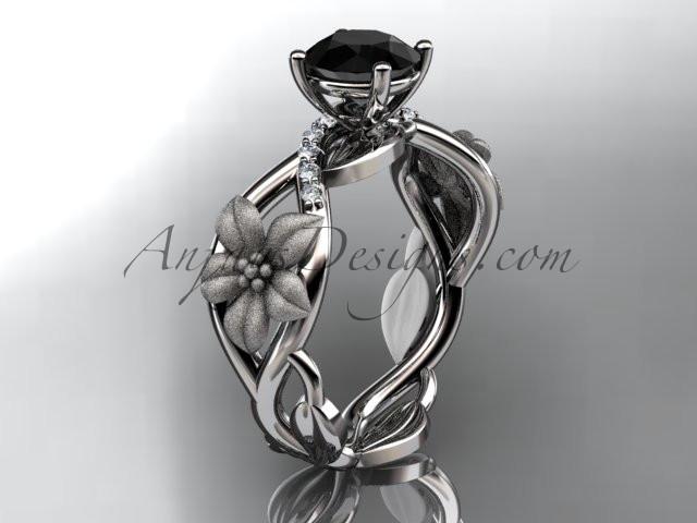 Unique Platinum diamond floral leaf and vine wedding ring, engagement ring with a Black Diamond center stone ADLR270 - AnjaysDesigns