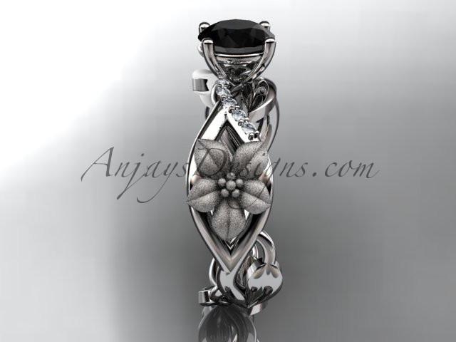 Unique 14kt white gold diamond floral leaf and vine wedding ring, engagement ring with a Black Diamond center stone ADLR270 - AnjaysDesigns