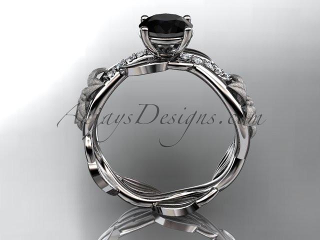 Unique Platinum diamond floral leaf and vine wedding ring, engagement ring with a Black Diamond center stone ADLR270 - AnjaysDesigns