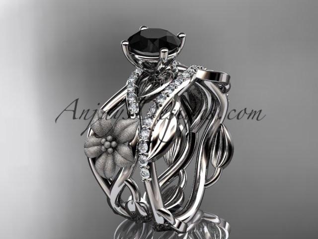 Unique 14kt white gold floral diamond wedding ring, engagement set with a Black Diamond center stone ADLR270S - AnjaysDesigns