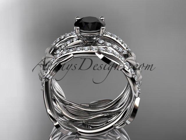 Unique platinum floral diamond wedding ring, engagement ring with a Black Diamond center stone and double matching band ADLR270S - AnjaysDesigns