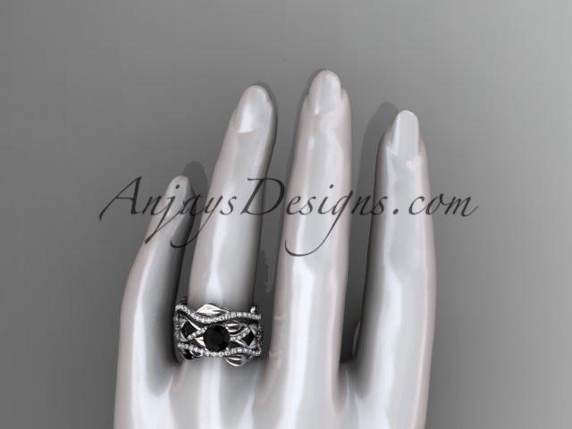 Unique 14kt white gold floral diamond wedding ring, engagement ring with a Black Diamond center stone and double matching band ADLR270S - AnjaysDesigns