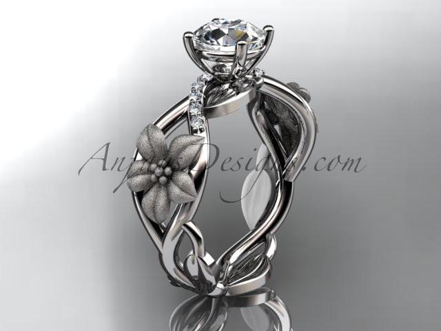 Unique platinum diamond floral leaf and vine wedding ring, engagement ring with a "Forever One" Moissanite center stone ADLR270 - AnjaysDesigns